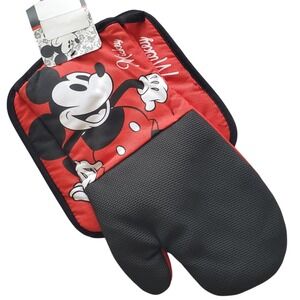 Disney Mickey Mouse Oversized Oven Mitt + Pot Holder Set Red Black Retro Gift 79